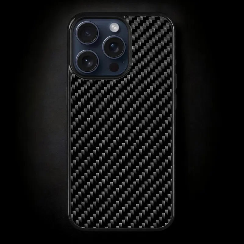 Carbon fiber MagSafe iPhone case – ultra-slim military-grade drop protection, matte black woven texture