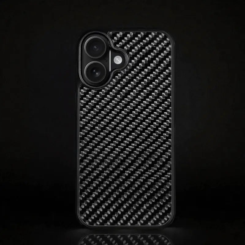 Carbon fiber MagSafe case closeup showing authentic woven carbon fiber texture and matte finish